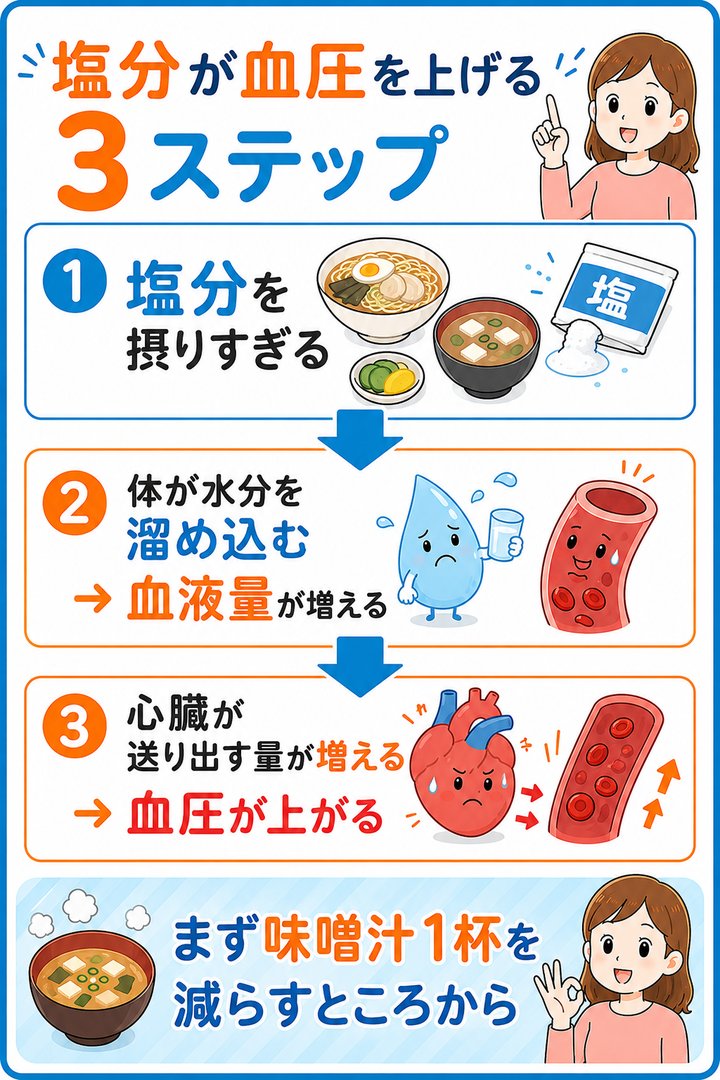 塩分が血圧を上げる3ステップ