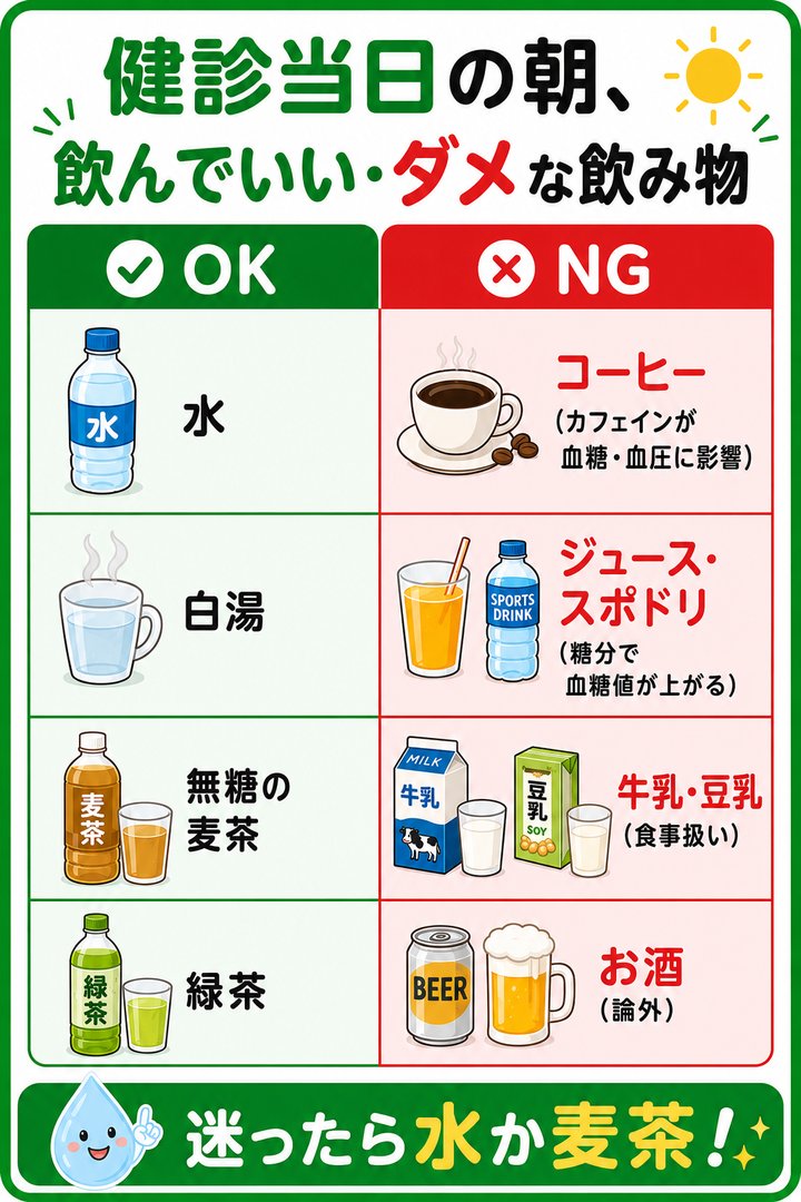 健診当日の朝、飲んでいい・ダメな飲み物